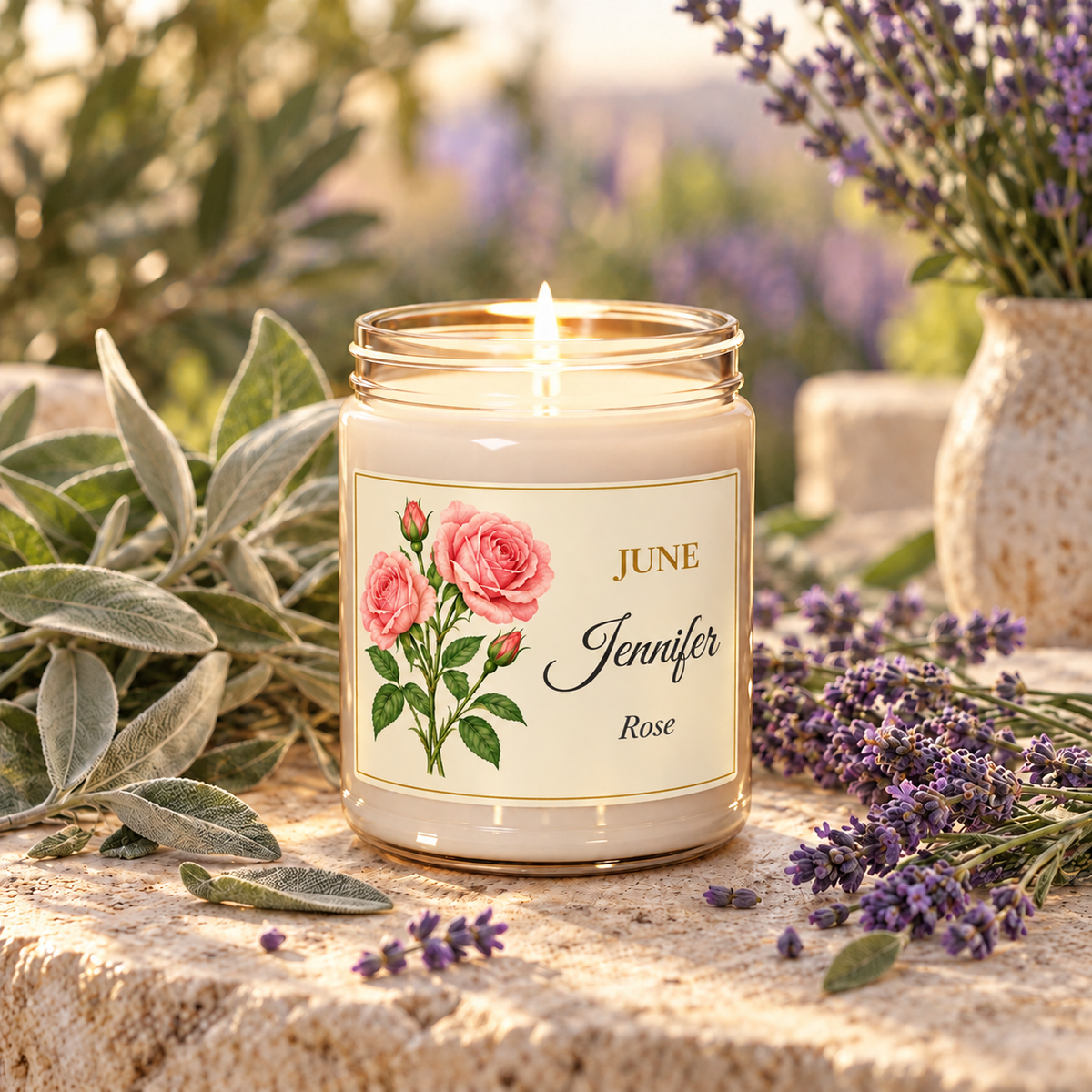 Personalized June birth flower name candle with Rose, White Sage and Lavender scent