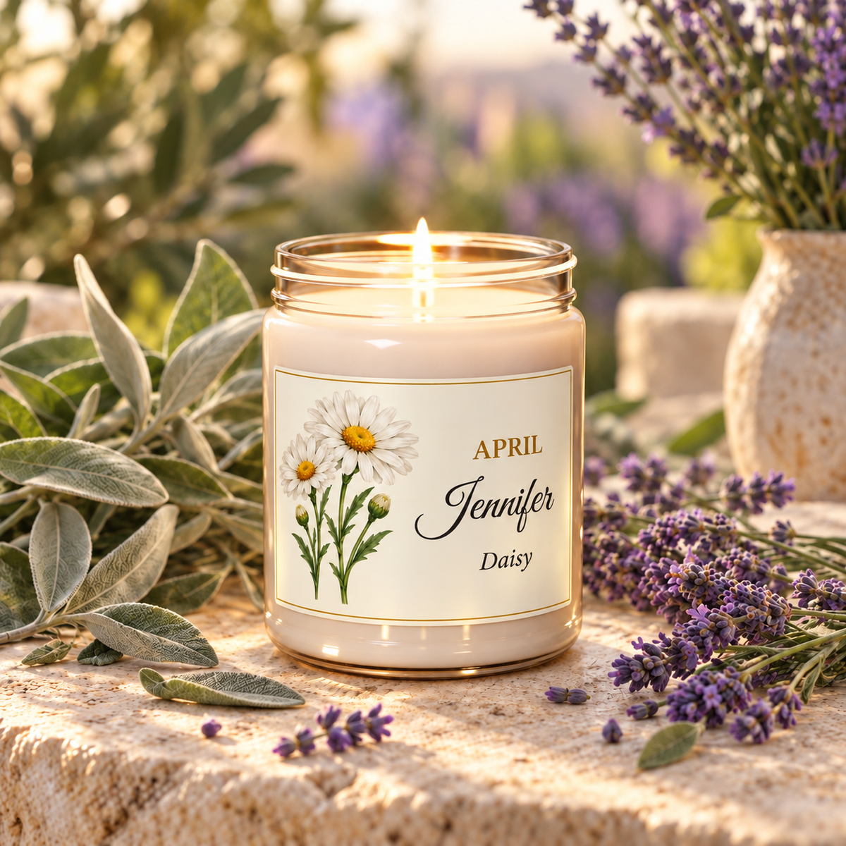 Personalized April birth flower name candle with Daisy, White Sage and Lavender scent