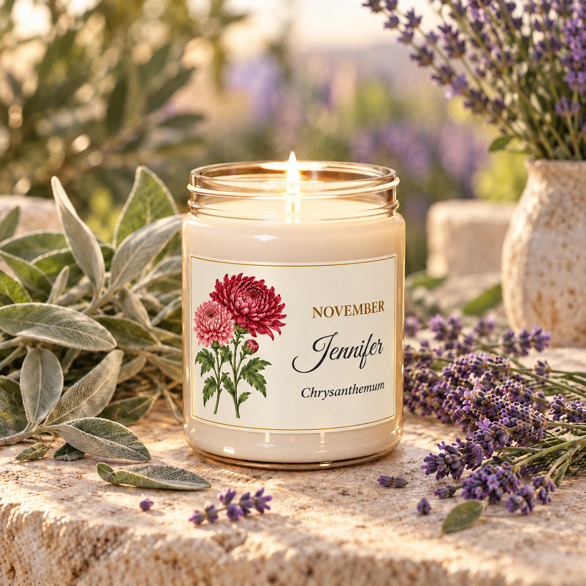 Personalized November birth flower name candle with Chrysanthemum, White Sage and Lavender scent