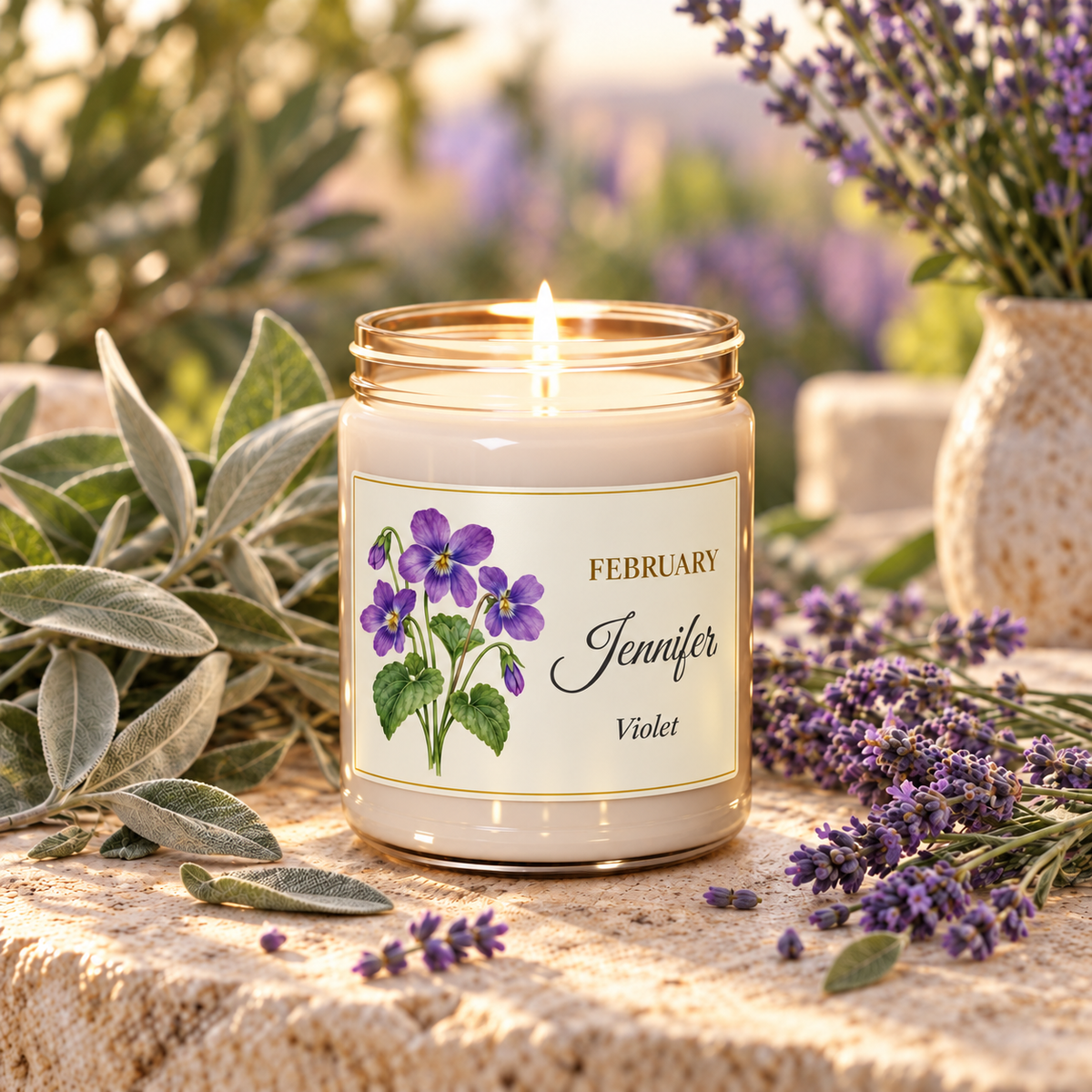 Personalized February birth flower name candle with Violet, White Sage and Lavender scent