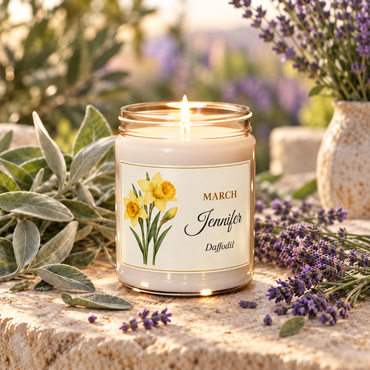 Personalized March birth flower name candle with Daffodil, White Sage and Lavender scent