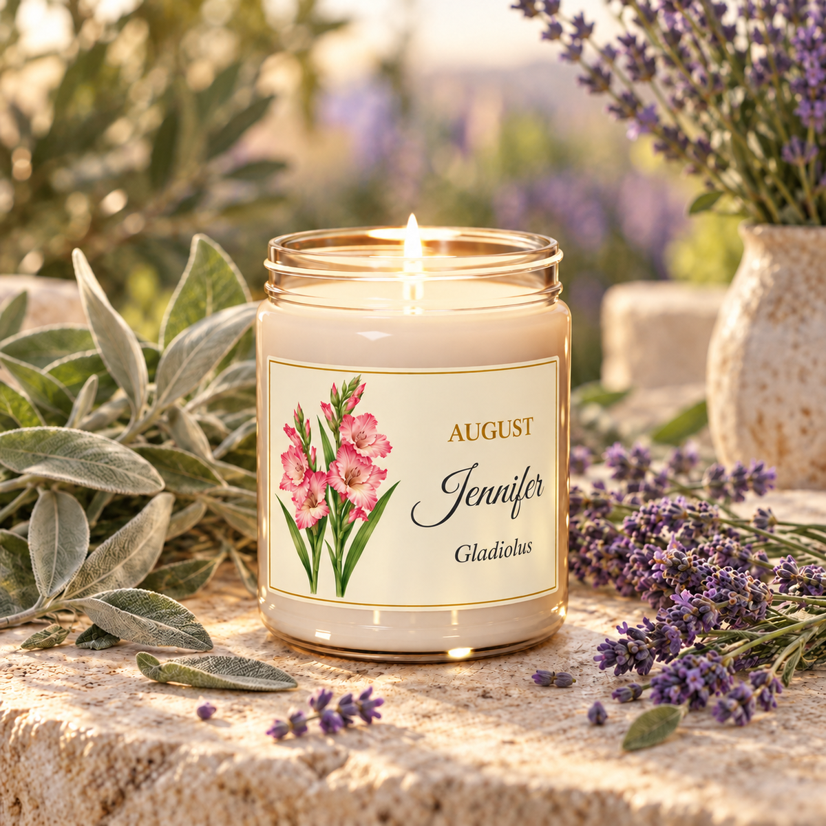Personalized August birth flower name candle with Gladiolus, White Sage and Lavender scent