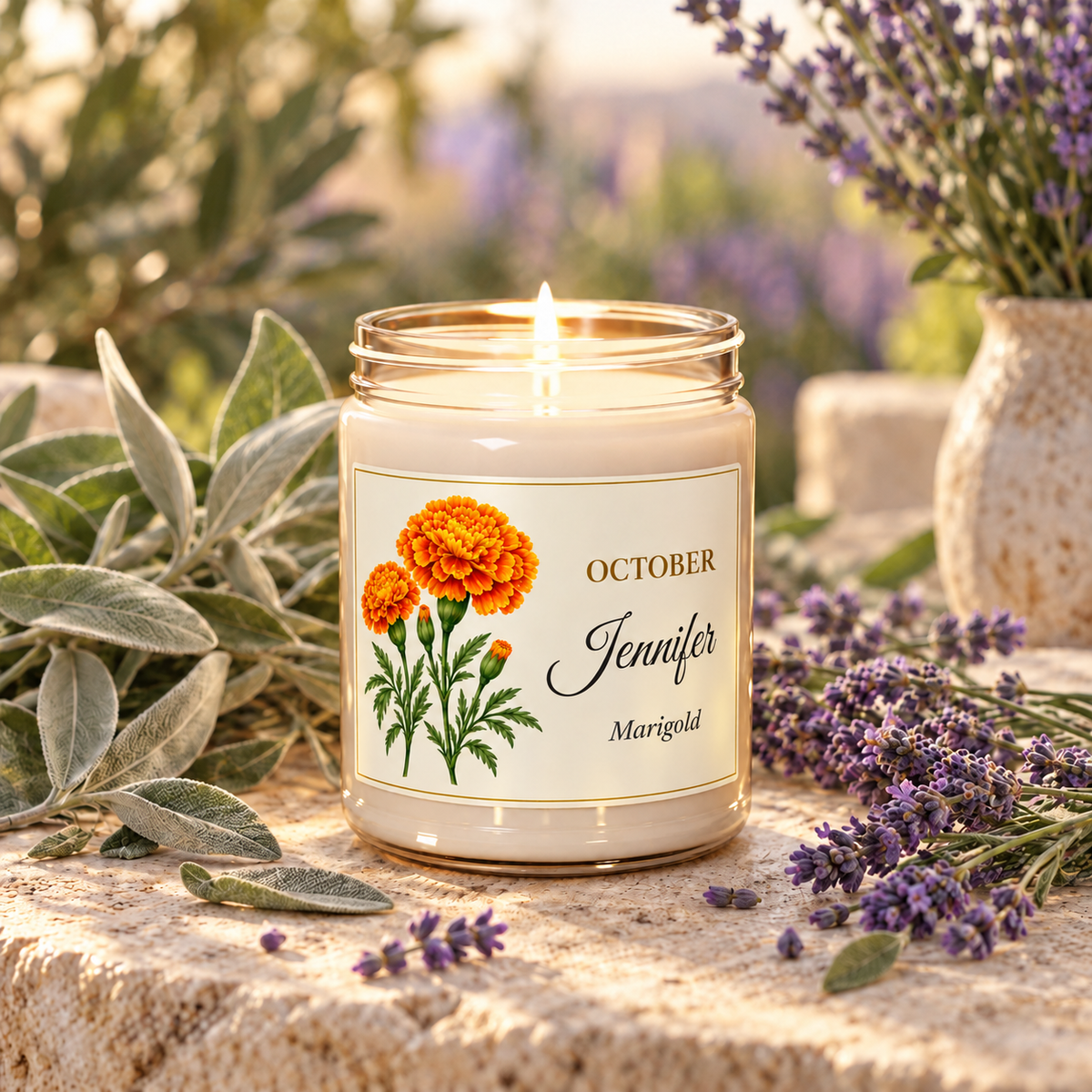 Personalized October birth flower name candle with Marigold, White Sage and Lavender scent