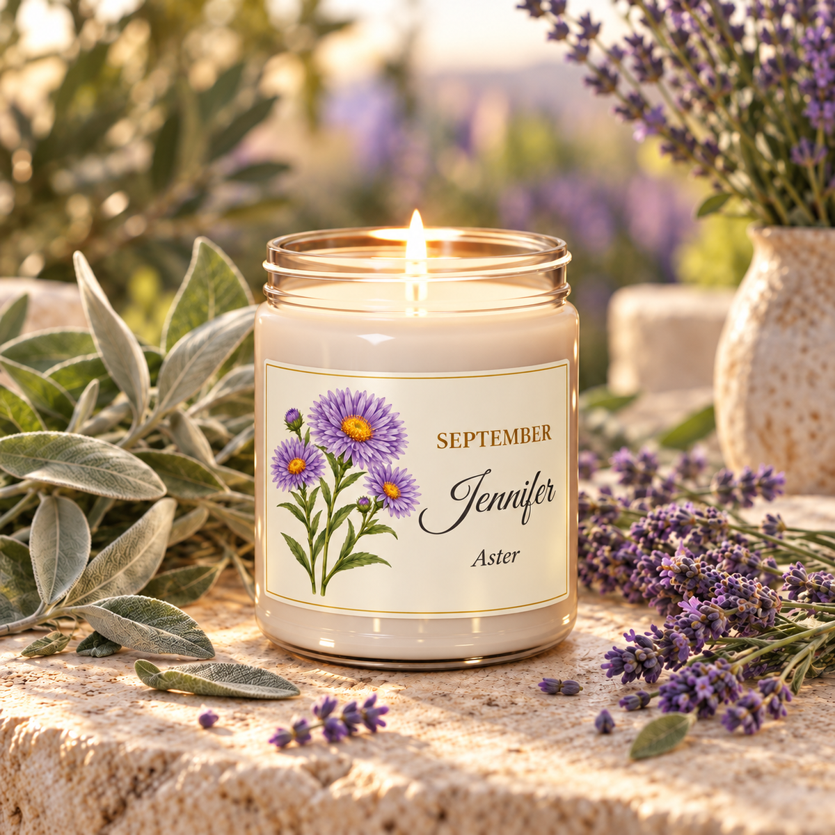 Personalized September birth flower name candle with Aster, White Sage and Lavender scent