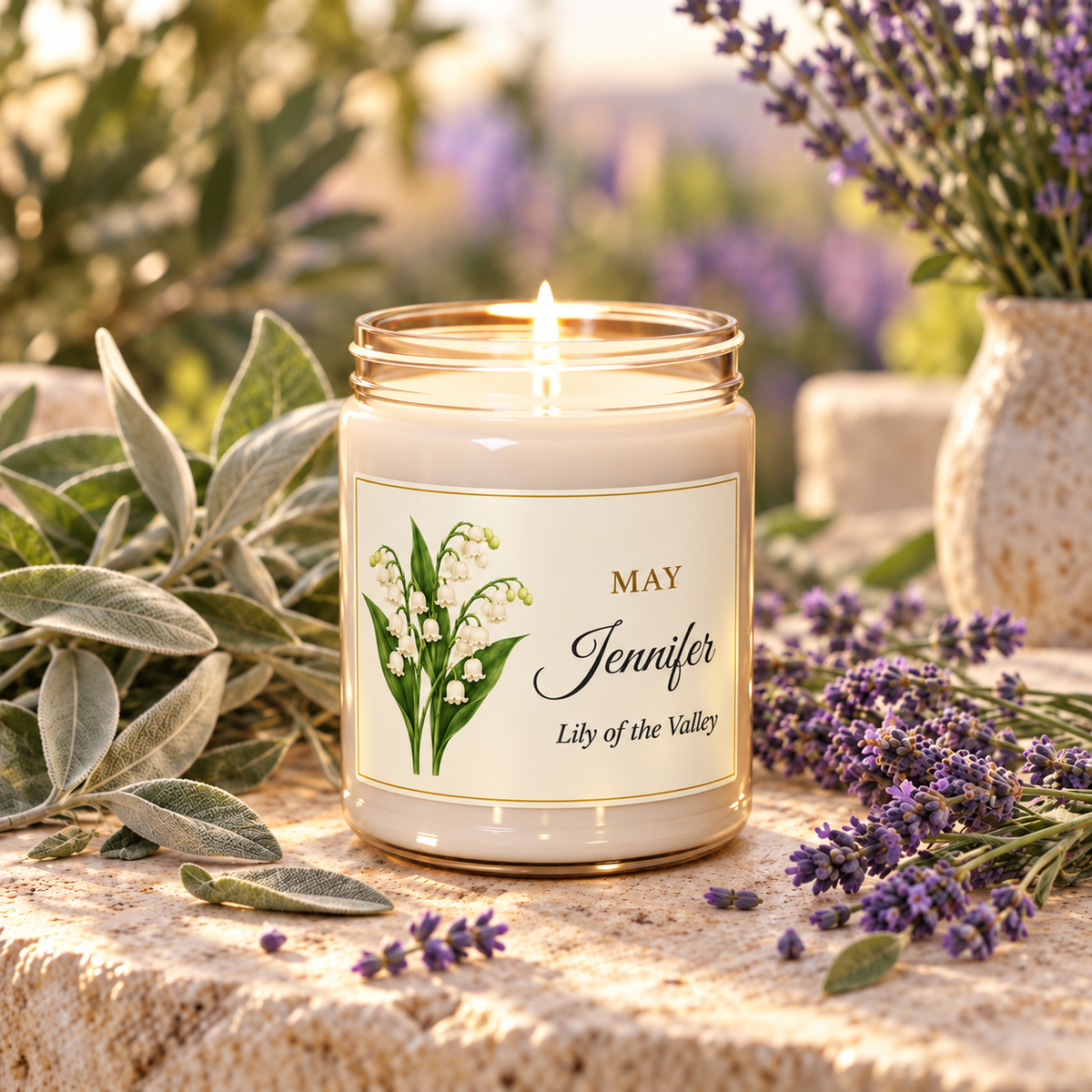 Personalized May birth flower name candle with Lily of the Valley, White Sage and Lavender scent