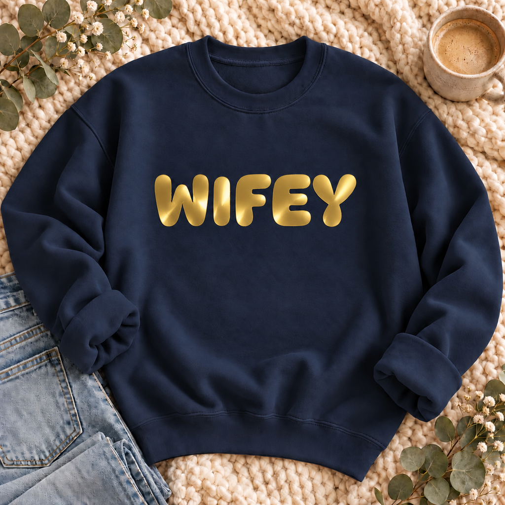 Wifey Gold Puff Sweatshirt, alternate view, WIFEY in metallic gold puff letters