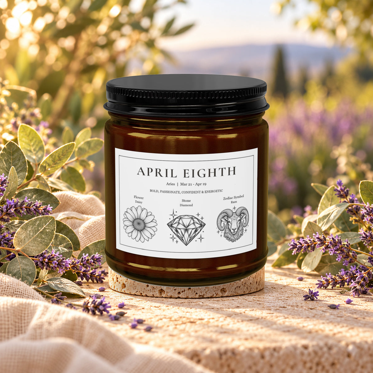 Personalized Aries zodiac birthday candle, Eucalyptus Lavender Herb scent