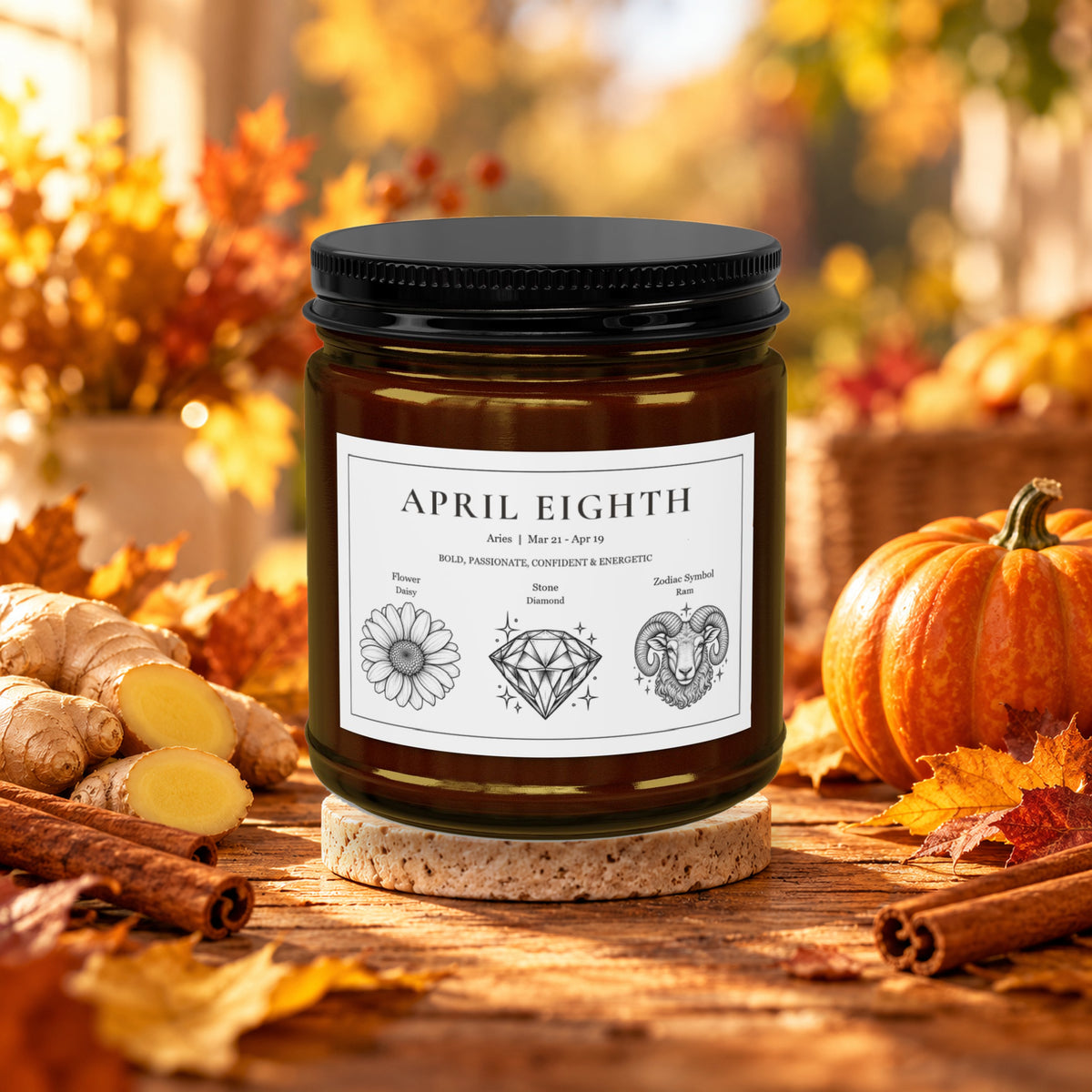 Personalized Aries zodiac birthday candle, Spiced Pumpkin Ginger scent