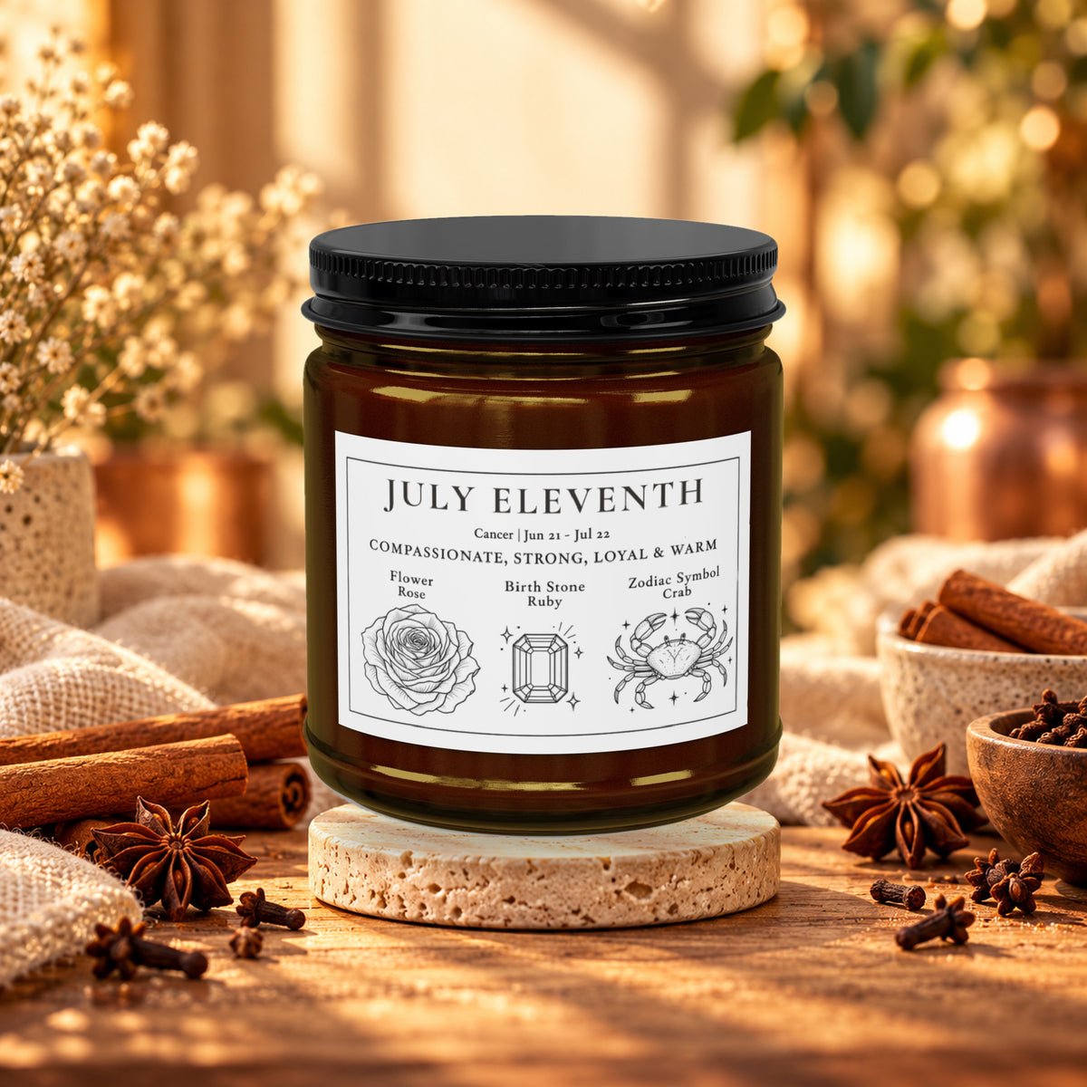Personalized Cancer zodiac birthday candle, Comfort Spice scent