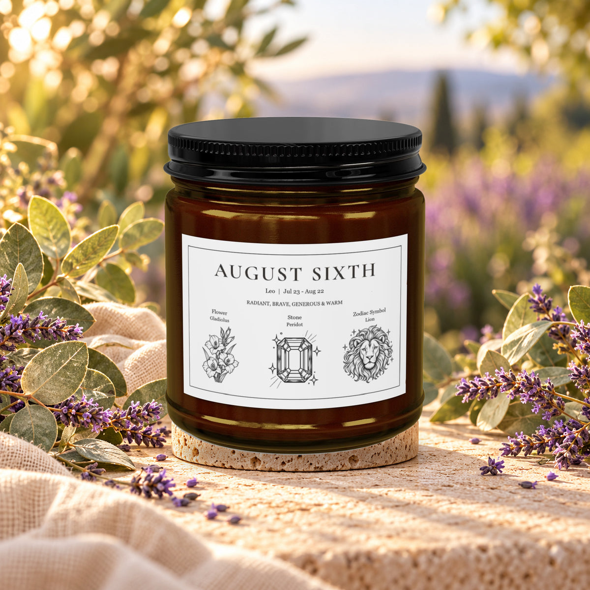 Personalized Leo zodiac birthday candle, Eucalyptus Lavender Herb scent