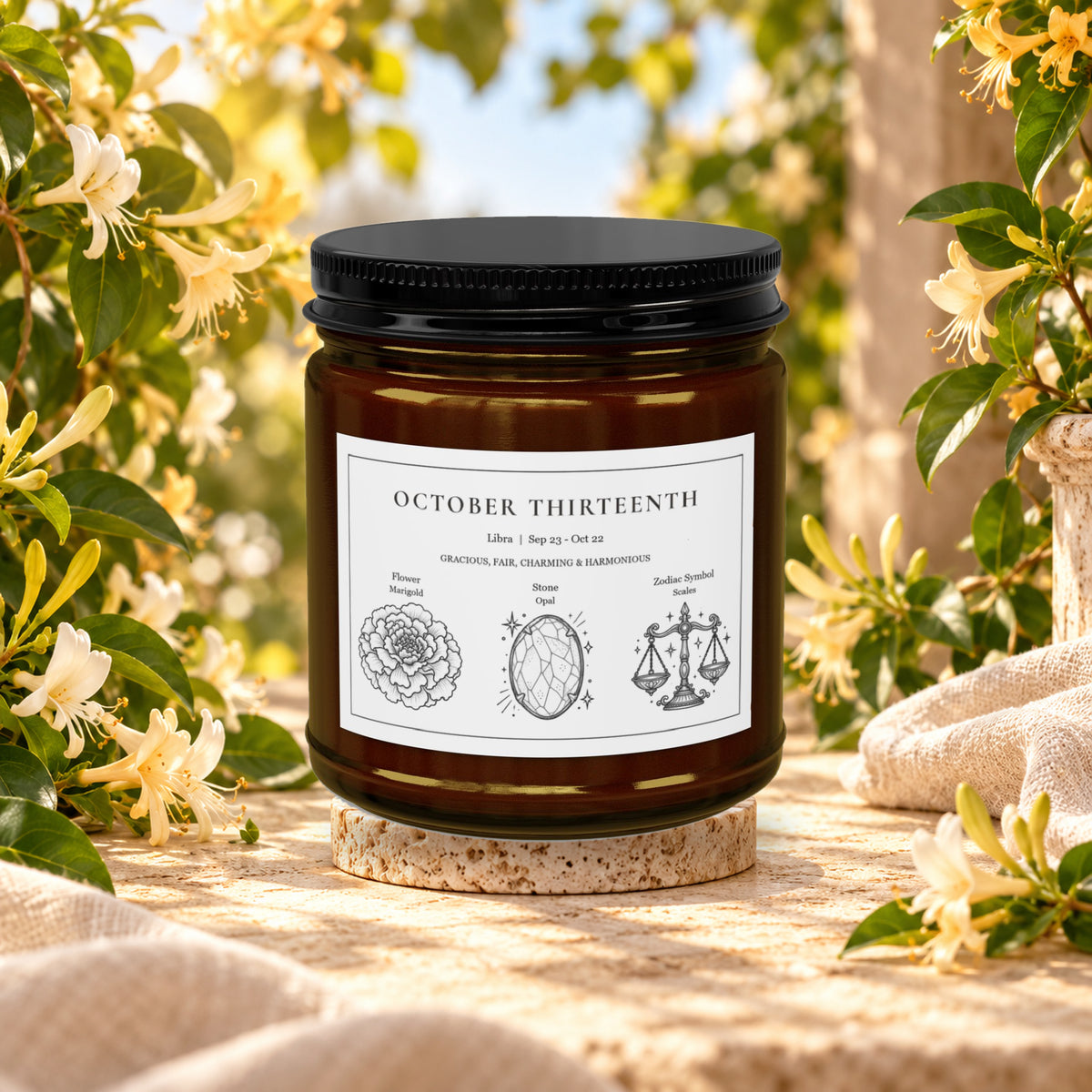 Personalized Libra zodiac birthday candle, Honeysuckle scent