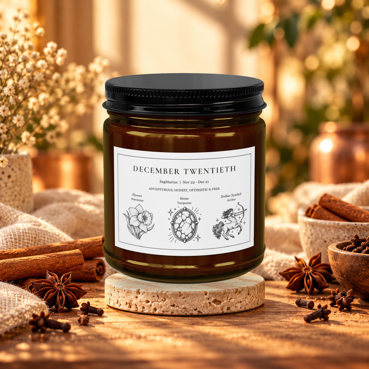 Personalized Sagittarius zodiac birthday candle, Comfort Spice scent