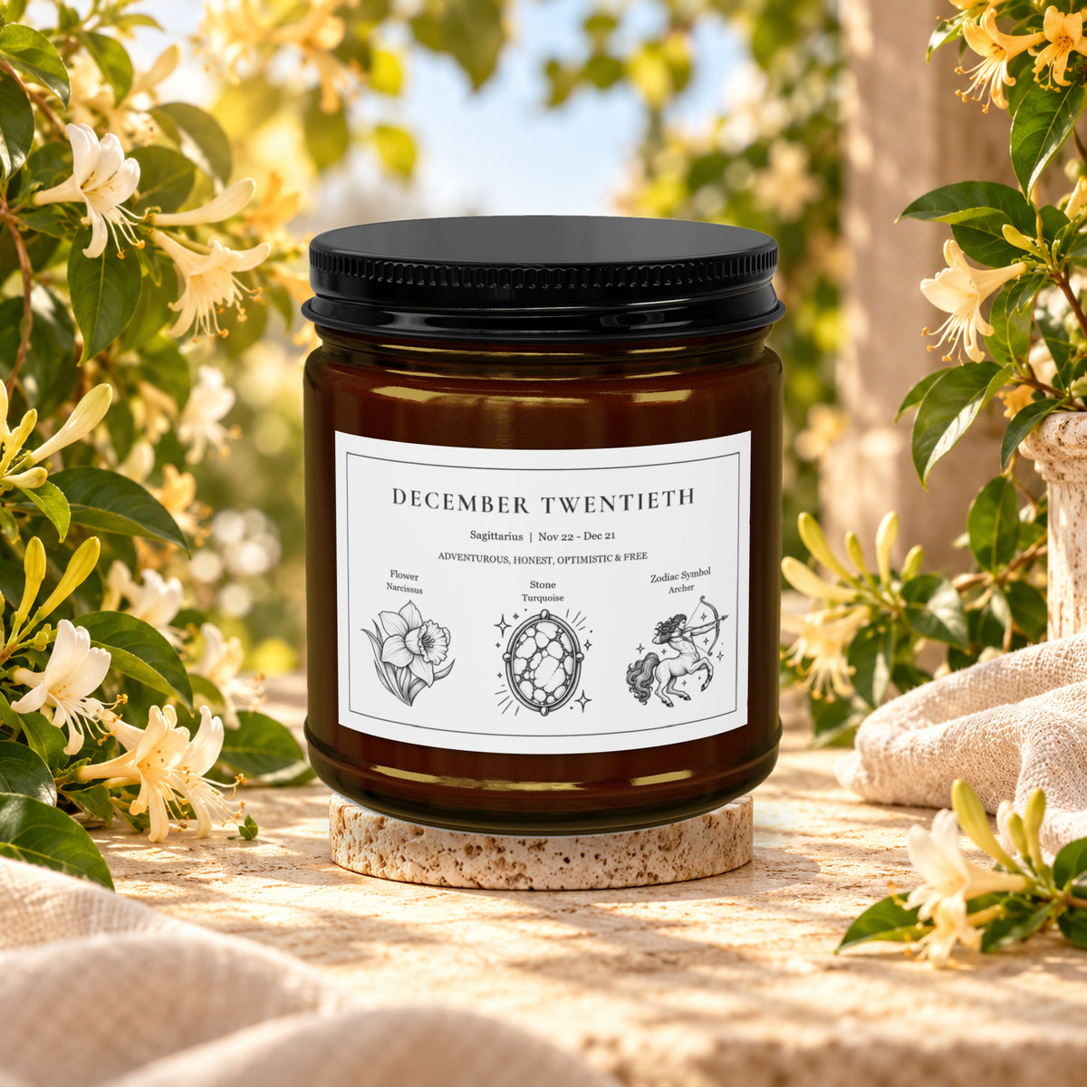 Personalized Sagittarius zodiac birthday candle, Honeysuckle scent
