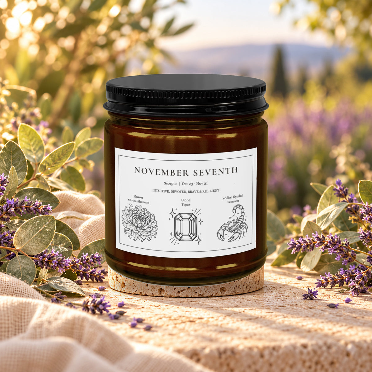 Personalized Scorpio zodiac birthday candle, Eucalyptus Lavender Herb scent