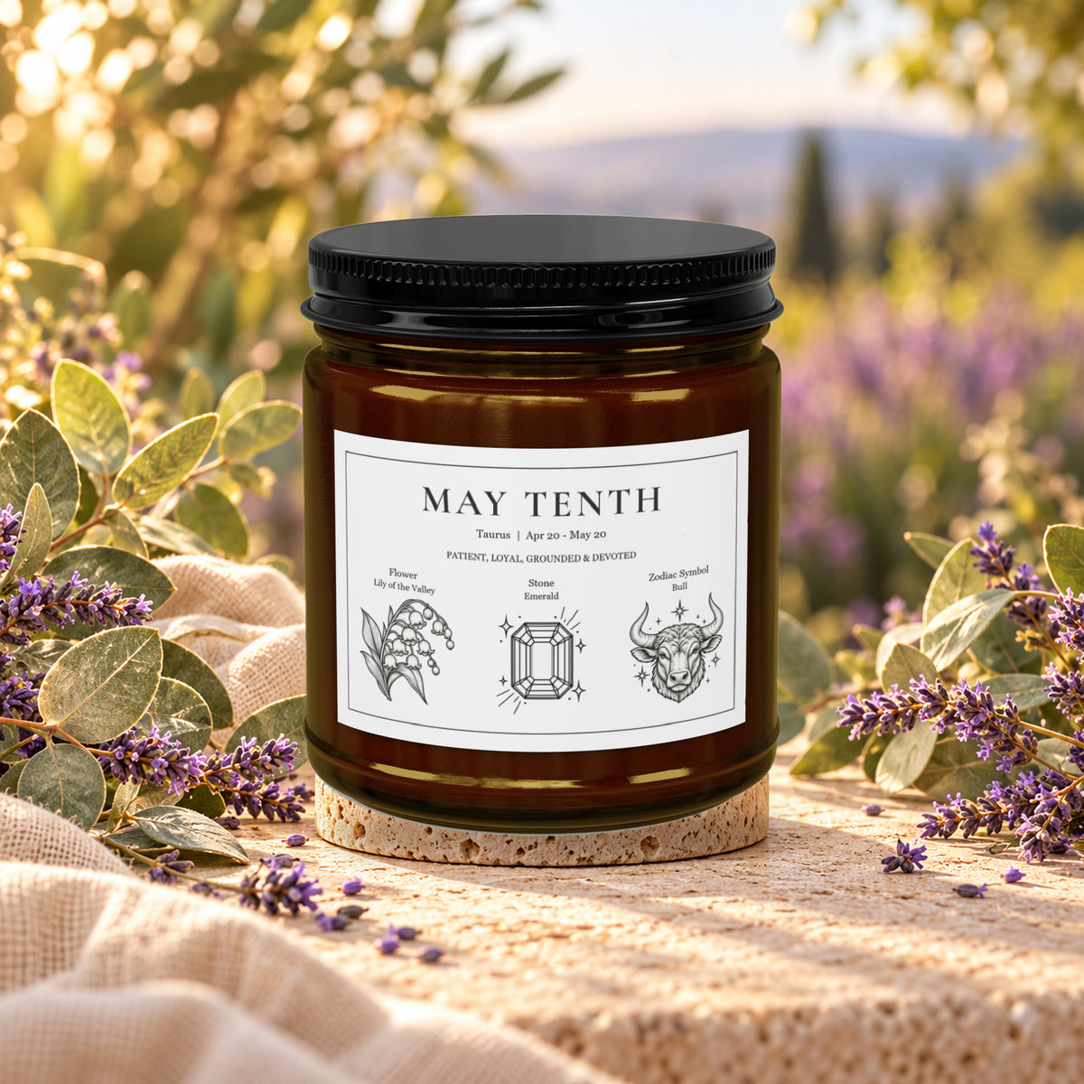 Personalized Taurus zodiac birthday candle, Eucalyptus Lavender Herb scent